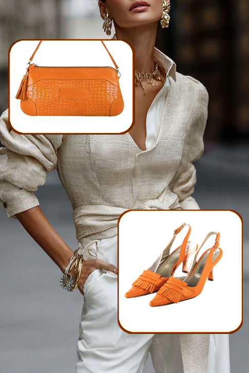 Dress slingback heels in apricot orange leather with high spool heels and pointed toe - Top view